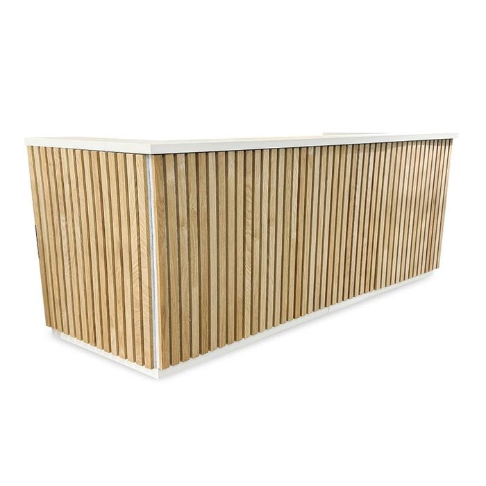Modern Furniture KENTO 240cm Reception Desk - Timber Slat Acoustic White & Oak
