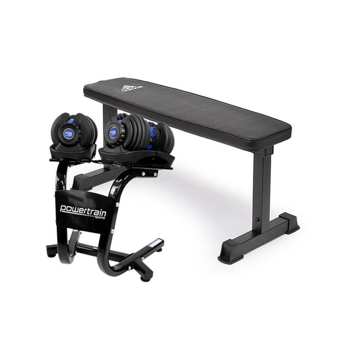 2x Powertrain 24kg Blue Adjustable Dumbbells w/ Stand and 10437 Bench
