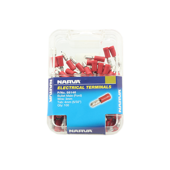 Narva 2.5-3mm / 4mm Red Double Crimped Male Bullet Terminal - 100 Pack