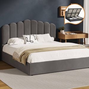 Oikiture Bed Frame King Size Gas Lift Grey Velvet