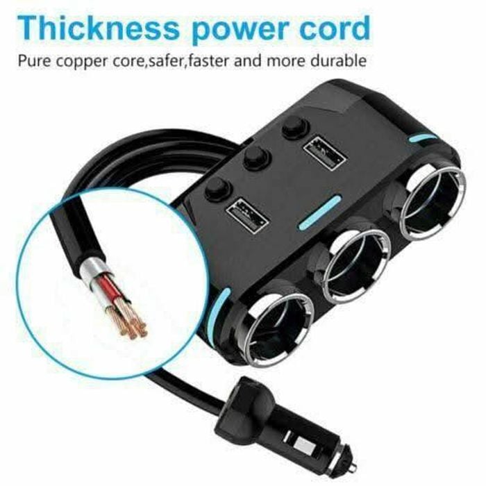Car Charger Cigarette Lighter 3 Port Power Adapter Socket + Dual Usb