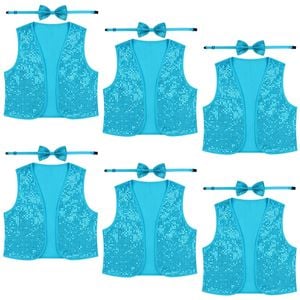 6x Kids Sequin Vest Bow Tie Set Costume 80s Party Dress Up Waistcoat Sky Blue