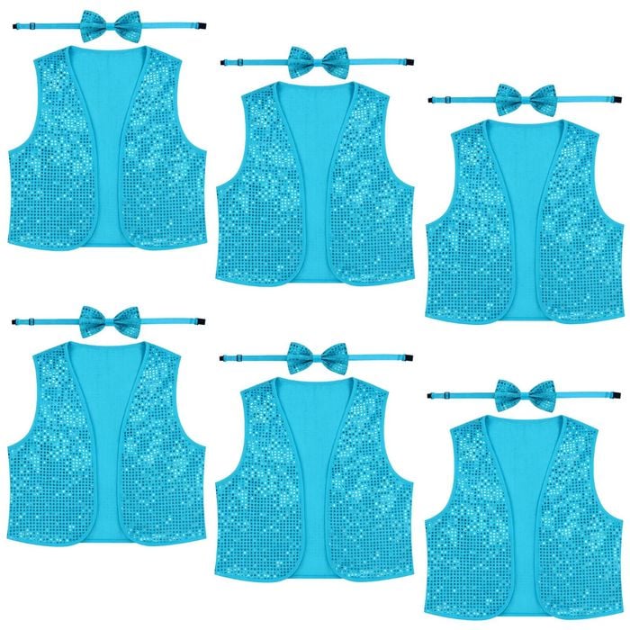 6x Kids Sequin Vest Bow Tie Set Costume 80s Party Dress Up Waistcoat Sky Blue