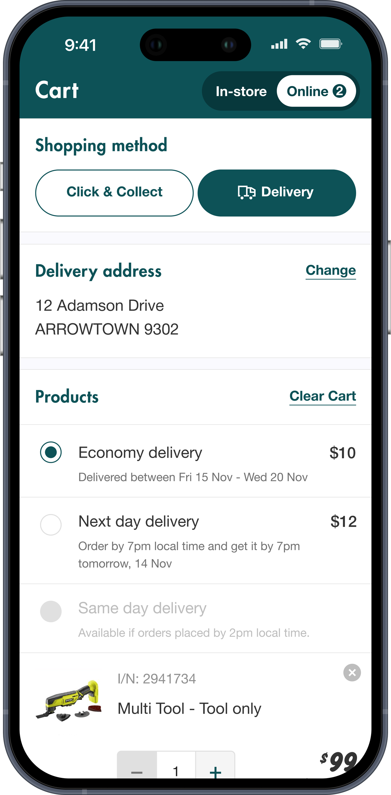 Mobile shopping cart screen with the Online tab selected and Delivery chosen as the shopping method. The screen shows a delivery address, delivery options with pricing ($10 economy delivery and $12 next day delivery), and a product listing for a multi-tool with quantity controls and pricing.