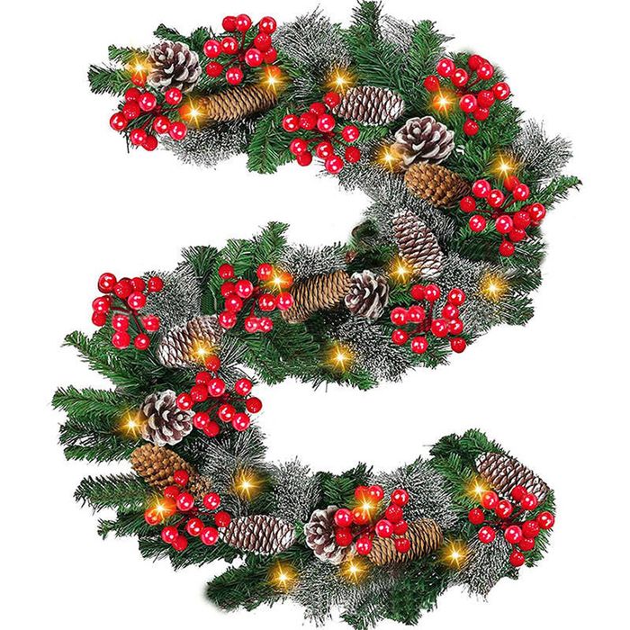 Catzon 9FT Christmas Garland with LED Lights & Berries-Warm Lights