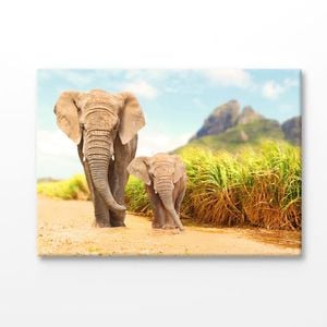 Elephant & Calf Walking Together Print 100% Australian Made 150x100cm (Stretched Canvas)