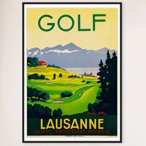 Galrie Lausanne Vintage Golf Poster - Stunning Swiss Landscape Art, Black Frame, A2 42 x 60cm (16 x 24inch)