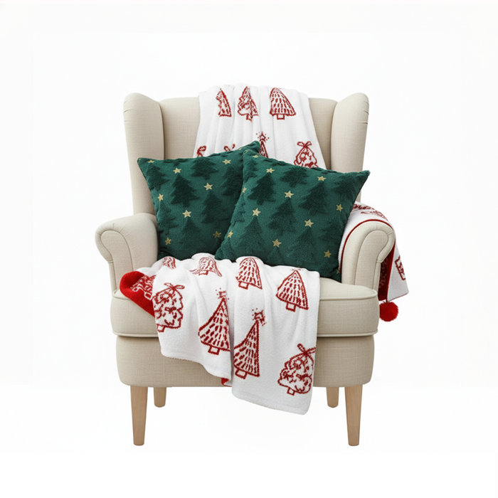 SOGA Red Holiday Throw Blanket With 2 Teal Tree Pillows Bundle