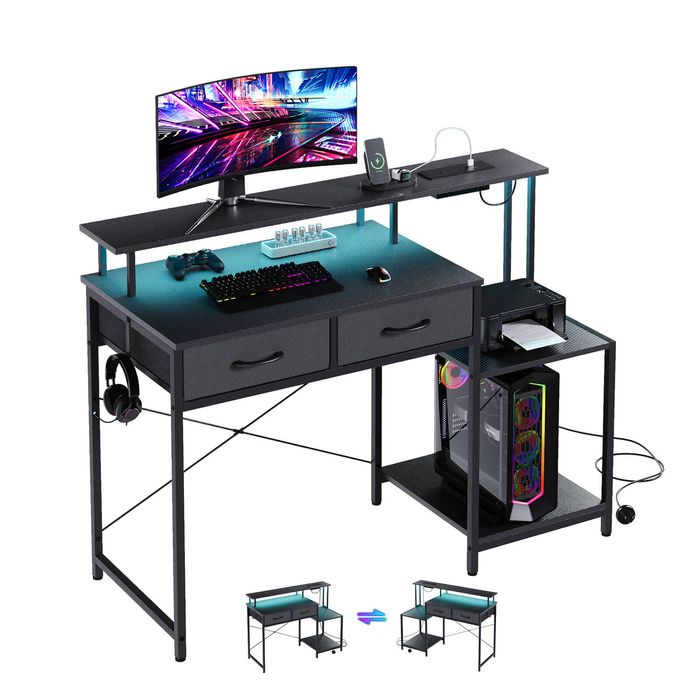 Advwin 120cm Computer Gaming Desk with LED Lights Power Outlets Reversible Printer Storage Shelf Black