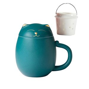 Catzon Ceramic Tea Mug 350ml With Infuser And Lid Cute Cat Cup-green