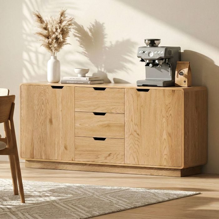 Homfurn Buffet Sideboard Cabinet,storage Kitchen Cupboard With Drawers,round Edge Design , Oak Finish ,160cm Width