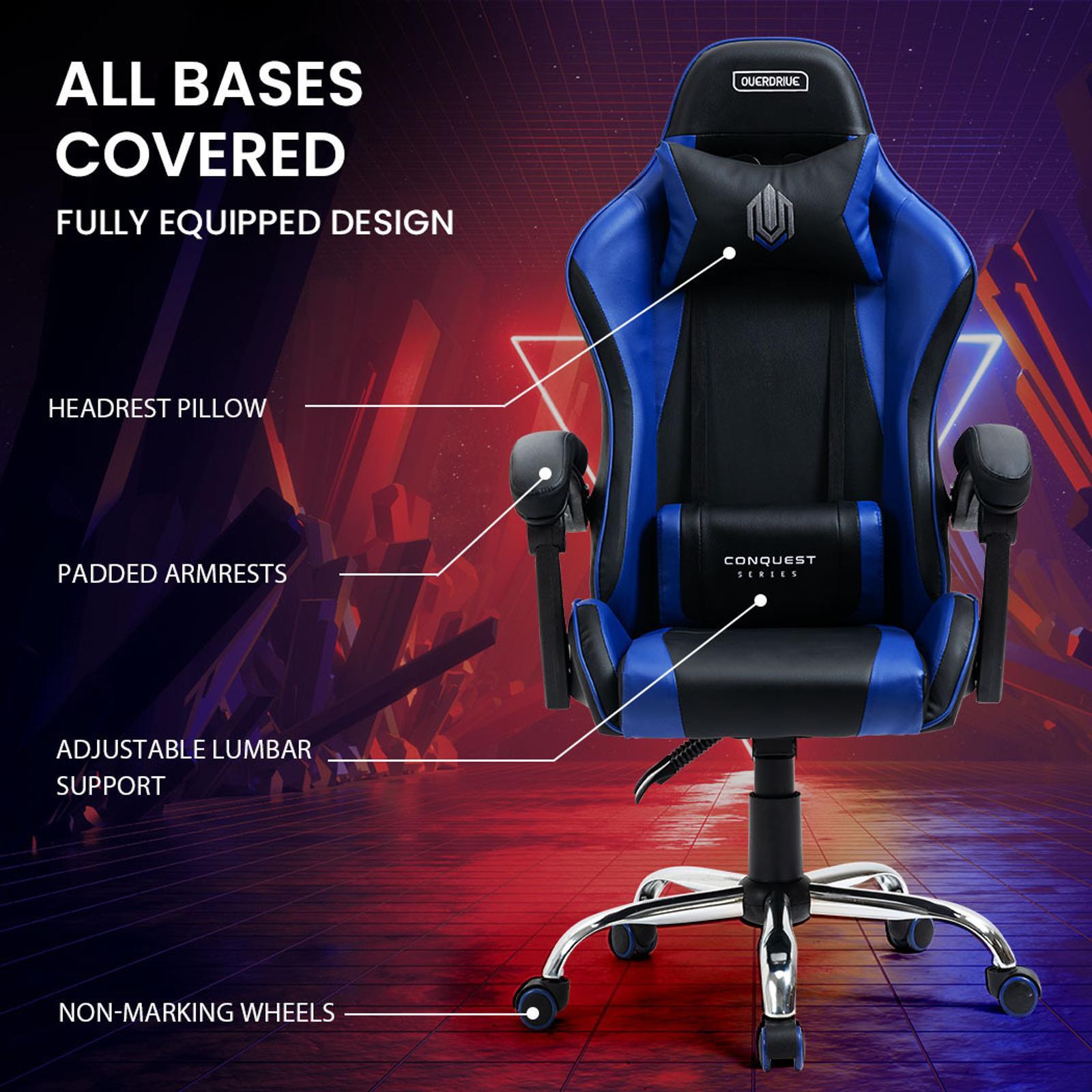 OVERDRIVE Reclining Gaming Office Chair Lumbar Neck Pillow Black Blue Bunnings Australia
