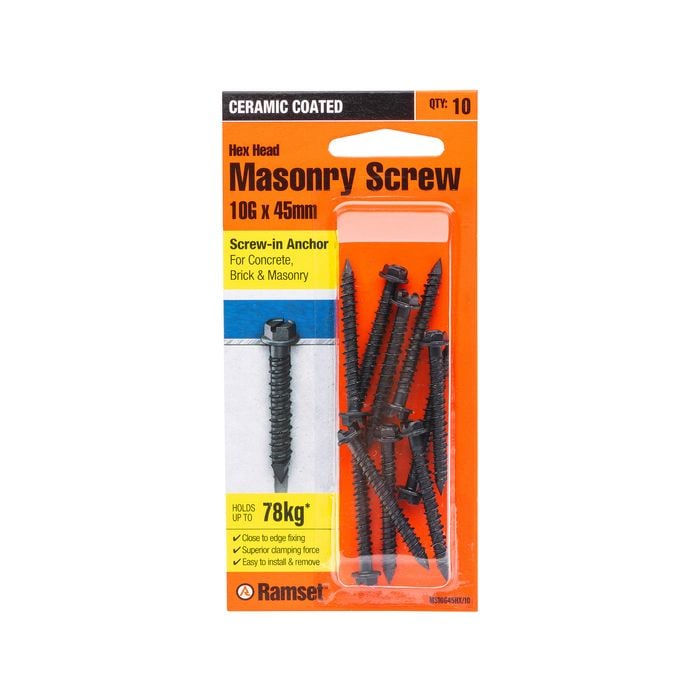 Ramset 10g x 45mm Black Hex Head Masonry Screw - 10 Pack
