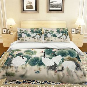 3D Lotus Crane 346 Bed Pillowcases Quilt King Single Size