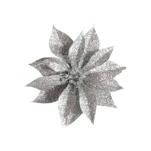 Catzon 12 Pcs Gllitter Christmas Flowers with Clip-Silver