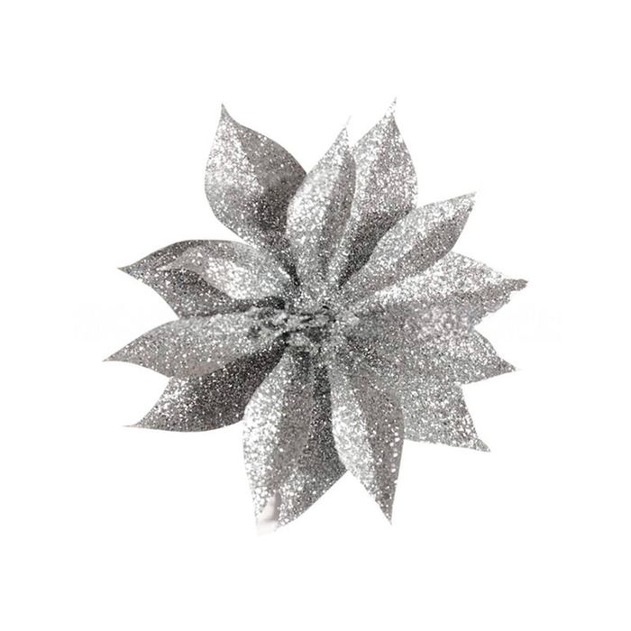 Catzon 12 Pcs Gllitter Christmas Flowers with Clip-Silver
