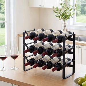 HOMFURN 3-Tier Wine Rack – Holds 12 Bottles, Stackable Modular Design, Black Metal,