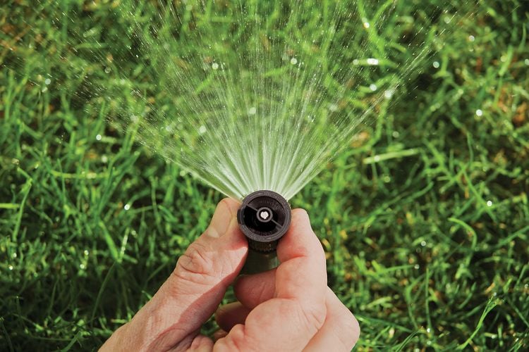 Close up of person adjusting a sprinkler head with water spraying out