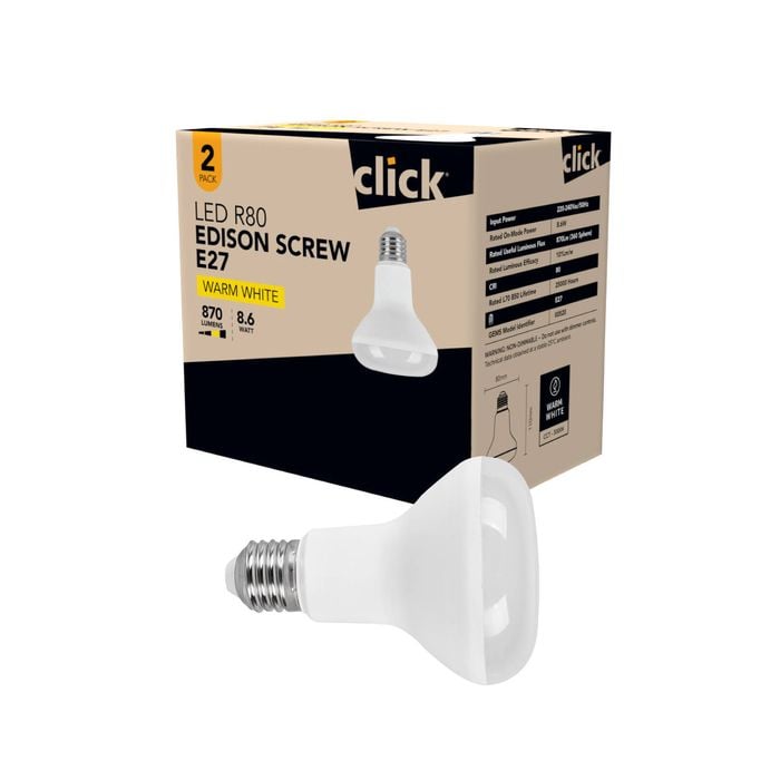 Click R80 ES LED 800lm Warm White 9W Globe - 2 Pack