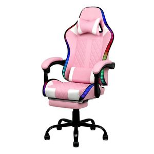 Ufurniture Gaming Chair 12 RGB LED Racing Recliner Pink & White