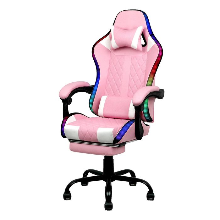 Ufurniture Gaming Chair 12 RGB LED Racing Recliner Pink & White