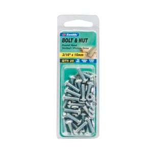 Zenith 3/16" x 15mm Zinc Plated Round Head Bolt And Nut - 25 Pack