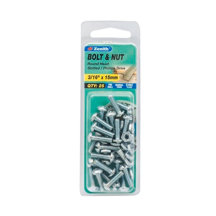 Zenith 3/16" x 15mm Zinc Plated Round Head Bolt And Nut - 25 Pack