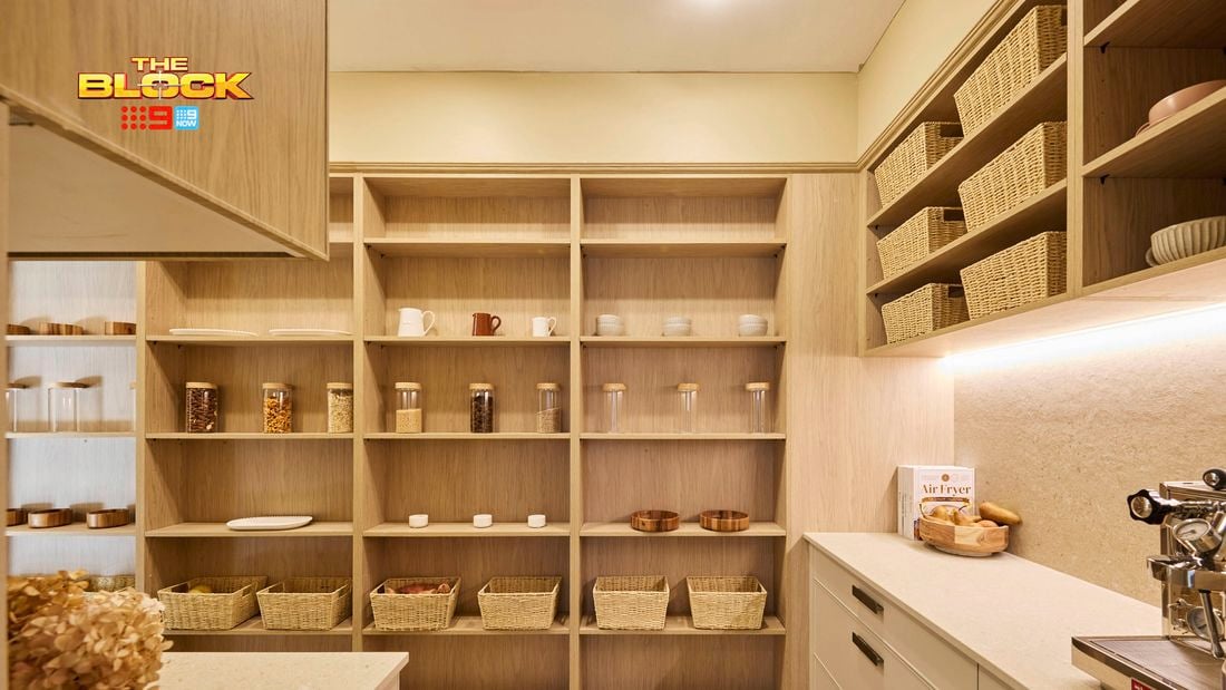 Butler’s pantry from The Block with open shelving, storage baskets, and a coffee station.