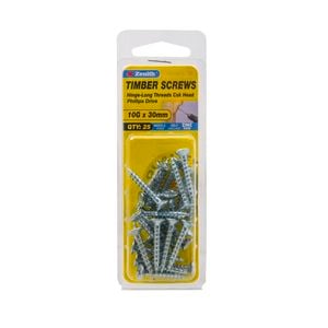 Zenith 10G x 30mm Zinc Plated Hinge-Long Threads Countersunk Timber Screws - 25 Pack