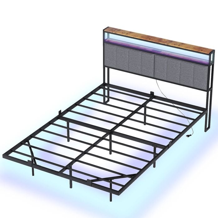 Ufurniture Floating Bed Frame with LED Lights Upholstered Headboard & Charging Station and USB Ports Double Size