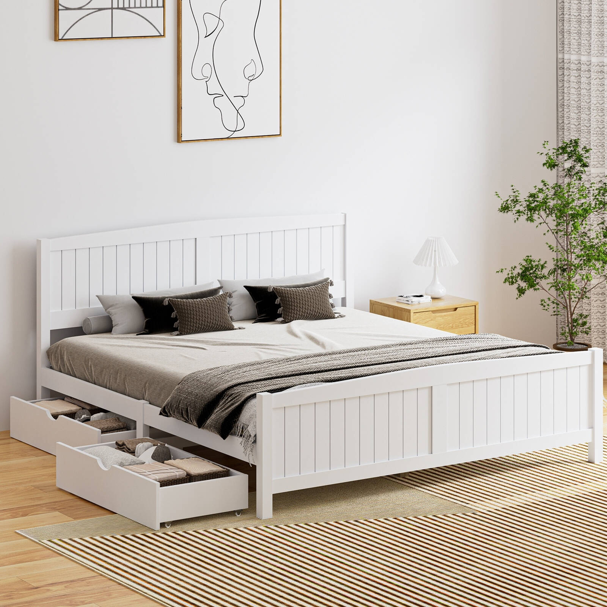 Oikiture Wooden Bed Frame King Size with Trundle Drawers White ...