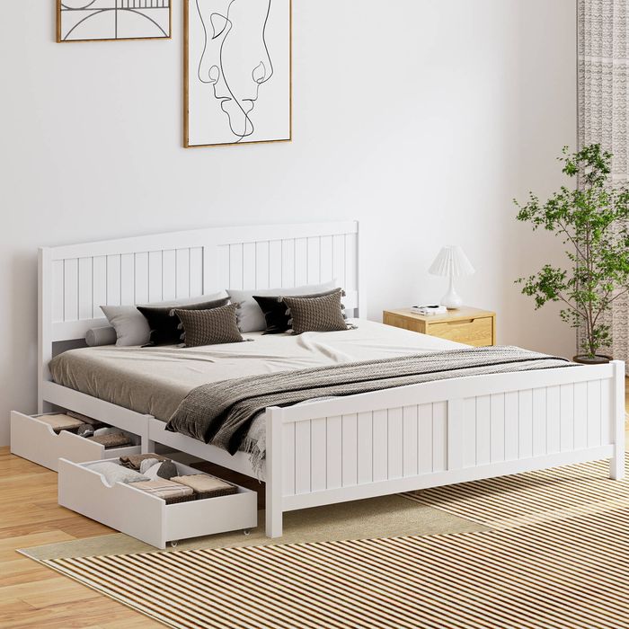 Oikiture Wooden Bed Frame King Size with Trundle Drawers White ...