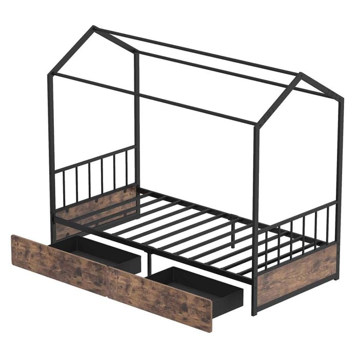 Costway House Bed Platform Single Metal Drawers Headboard Footboard Brown
