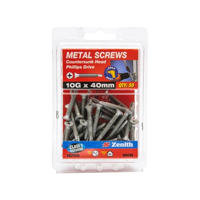 Zenith 10G x 40mm Galvanised Countersunk Head Metal Screws - 50 Pack