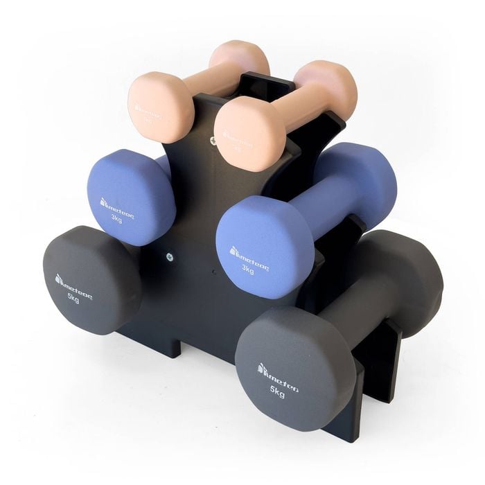 METEOR 1kg-3kg-5kg Flat Bottom Neoprene Dumbbell Set with Rack