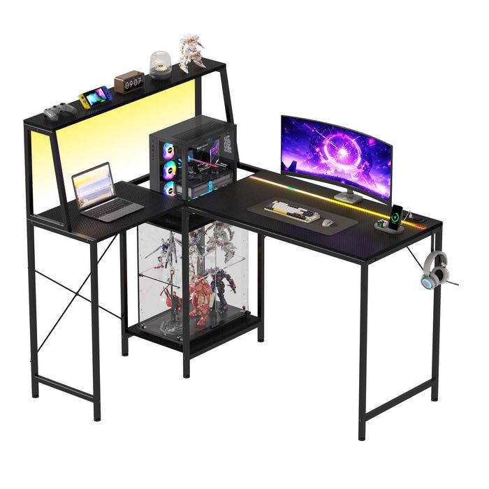 Advwin 115cm LED Gaming Desk w/ Adjustable Recessed Shelf & Power Outlets Carbon Fiber Reversible Computer Desk Black