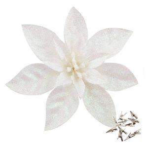 Catzon 12 Pcs Glitter Christmas Flowers with Clips Artificial Poinsettia-White