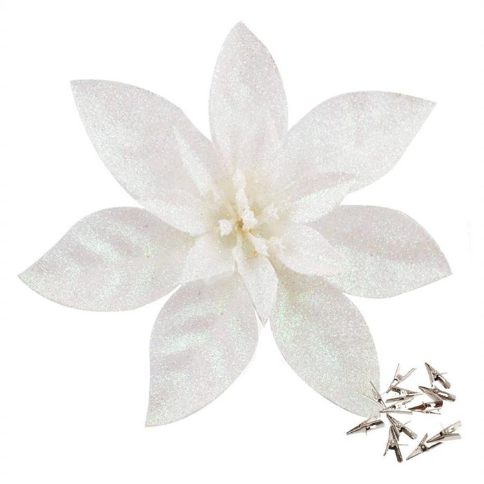 Catzon 12 Pcs Glitter Christmas Flowers with Clips Artificial Poinsettia-White