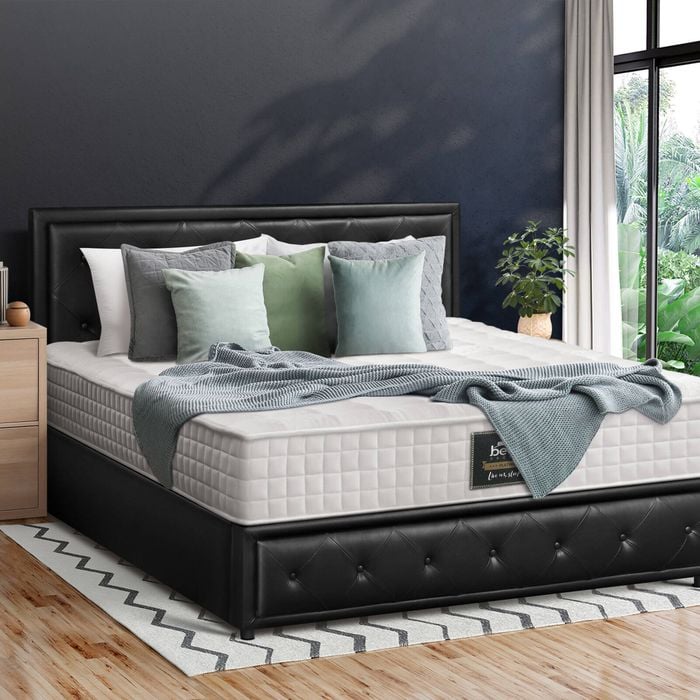 Oikiture Bed Frame Gas Lift With Mattress Set Black- Queen