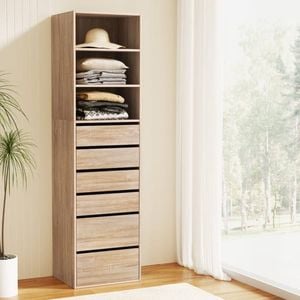 Homfurn 6-drawer Tallboy Cabinet – Handle-free Design, Smooth Runners, Wall Attachment, Oak