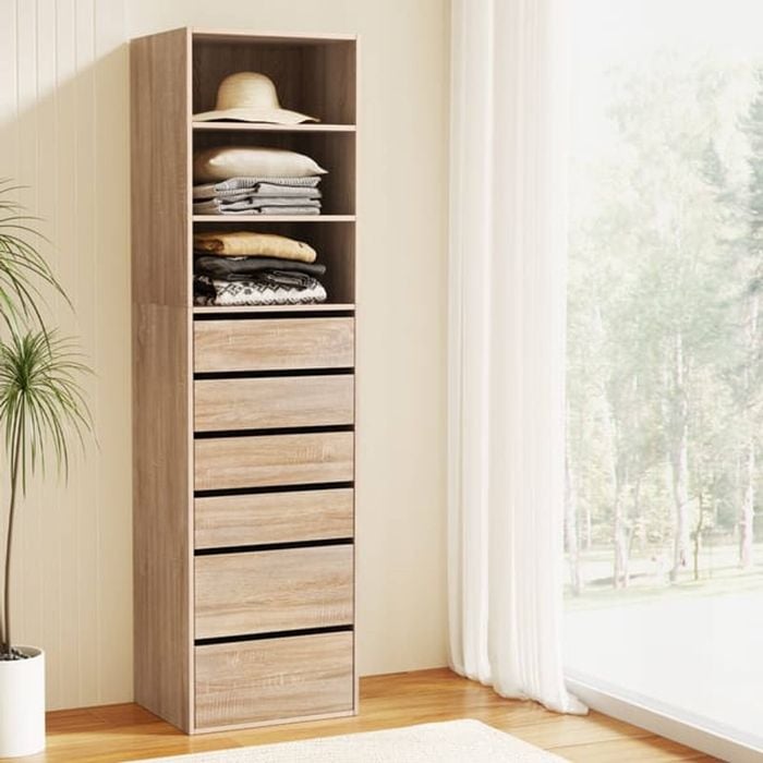 Homfurn 6-drawer Tallboy Cabinet – Handle-free Design, Smooth Runners, Wall Attachment, Oak