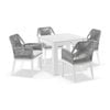 Hugo Outdoor 4 Seater Square Ceramic Top Dining Table White With Chairs & Grey Rope Textured Olefin Cushions