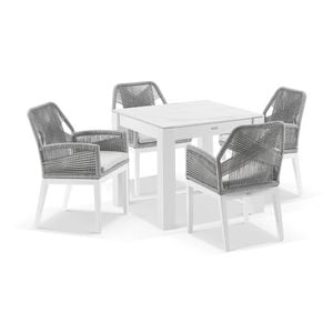 Hugo Outdoor 4 Seater Square Ceramic Top Dining Table White With Chairs & Grey Rope Textured Olefin Cushions