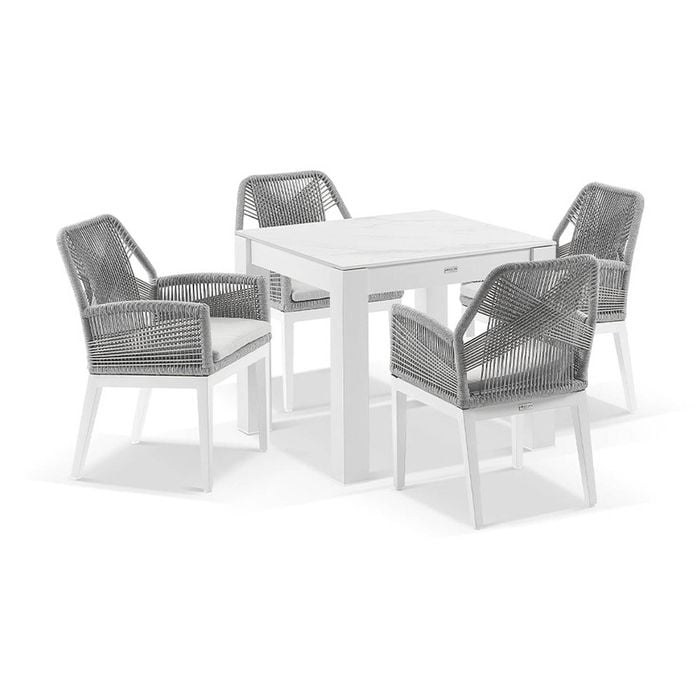 Hugo Outdoor 4 Seater Square Ceramic Top Dining Table White With Chairs & Grey Rope Textured Olefin Cushions