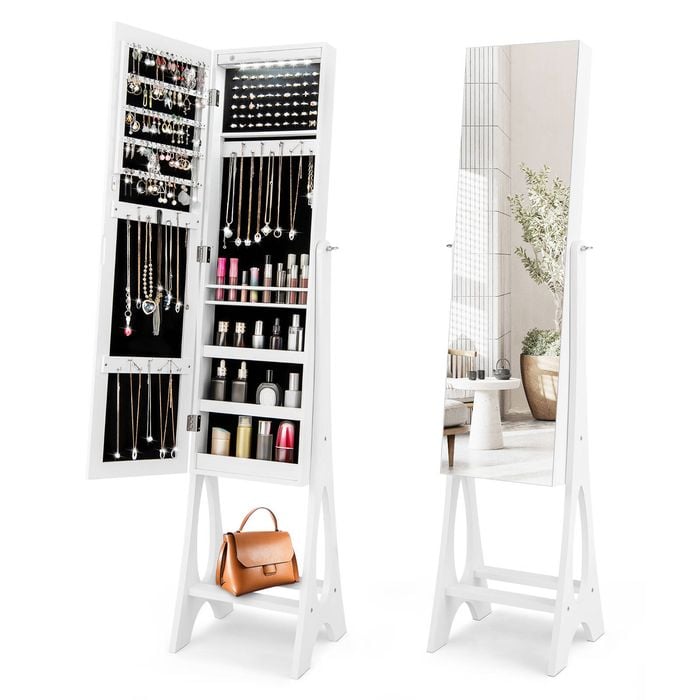 Costway 155CM Freestanding Jewellery Cabinet Bedroom Furniture w/Mirror & Lights White