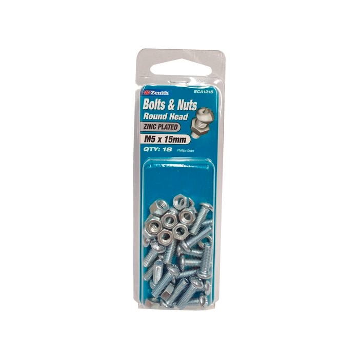 Zenith M5 x 15mm Zinc Plated Round Head Bolt And Nut - 18 Pack
