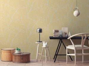 Patterned wallpaper in study room.