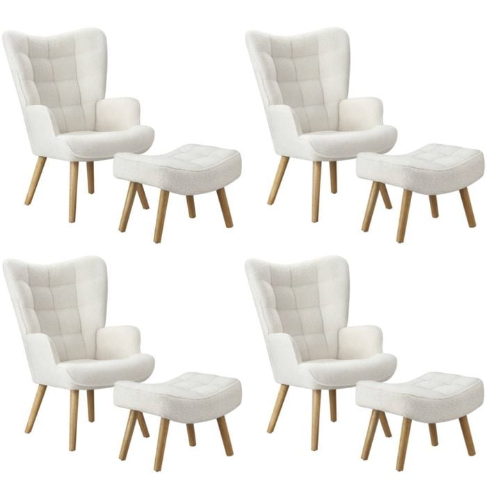 Oikiture 4x Armchair Lounge Chair Ottoman Accent Armchairs Sherpa Sofa White