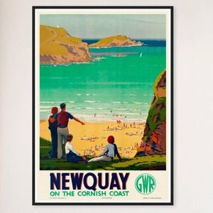 Galrie Newquay on the Cornish Coast Vintage Travel Poster Charm Décor, Black Frame, A4 21 x 30cm (8 x 12inch)