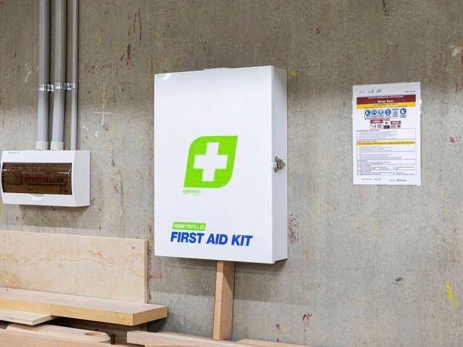 FastAid First Aid Kit, Easy-Refill, Metal Wall Mount on wall